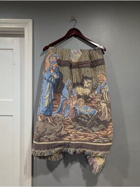 Goodwin Weavers Tapestry Throw Blanket Fringe Trim Nativity 46” X 55” Vintage